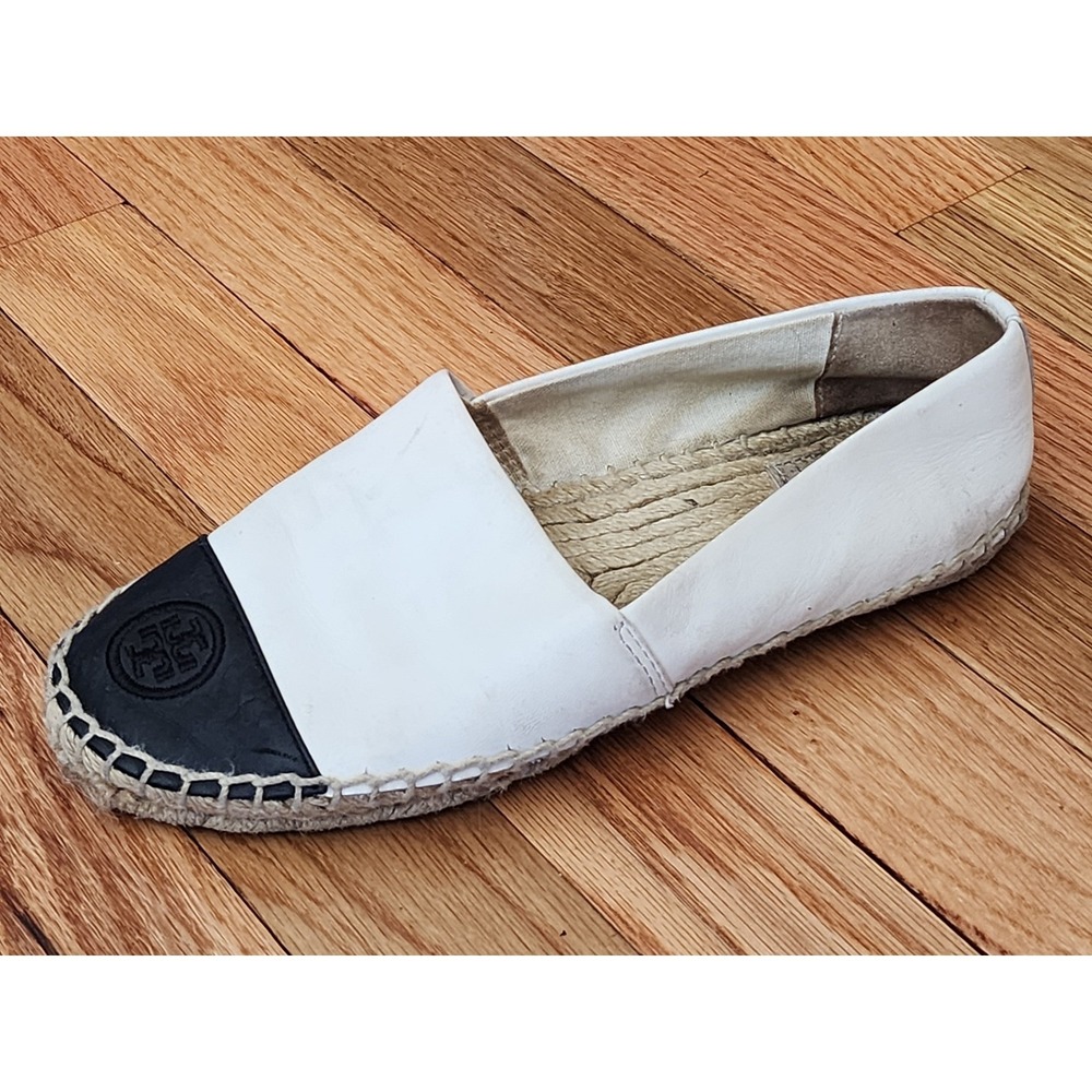 Tory Burch White Black Leather Logo Cap Toe Espadrille Flats 8.5 154115